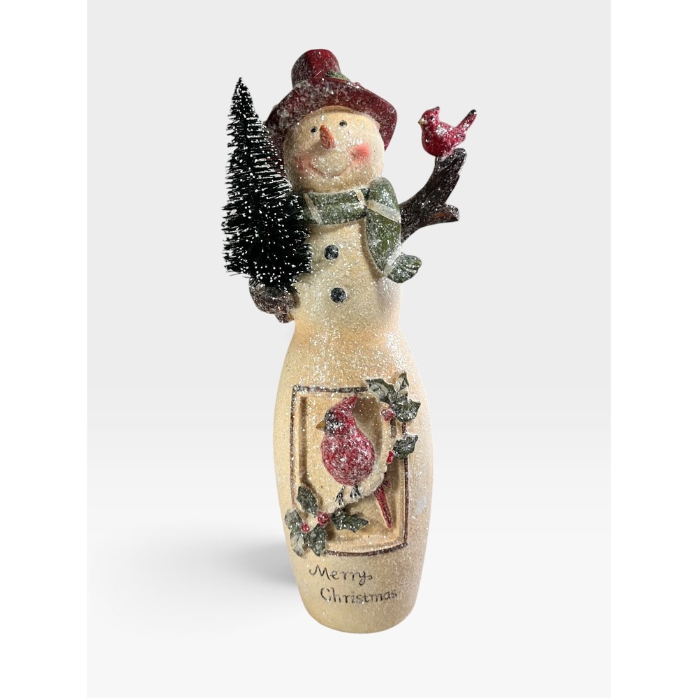CRACKER BARREL Merry Christmas Snowman Figurine  Cardinals 18" Bottle Brush tree